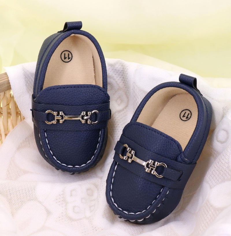 LONSOEN Infant Shoes Boys Loafers Baby Girls Crib Moccasins Classic Synthetic Leather Wedding Dress Shoes,BAY209 Deep Blue 6-12 Months - Image 2
