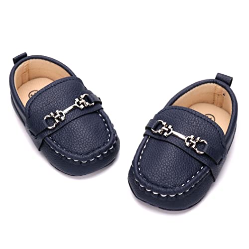 LONSOEN Infant Shoes Boys Loafers Baby Girls Crib Moccasins Classic Synthetic Leather Wedding Dress Shoes,BAY209 Deep Blue 6-12 Months - Image 3
