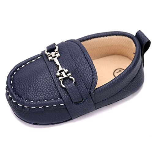 LONSOEN Infant Shoes Boys Loafers Baby Girls Crib Moccasins Classic Synthetic Leather Wedding Dress Shoes,BAY209 Deep Blue 6-12 Months - Image 1