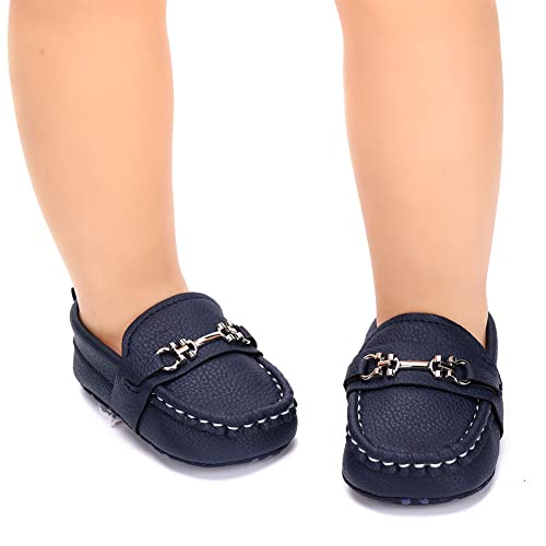 LONSOEN Infant Shoes Boys Loafers Baby Girls Crib Moccasins Classic Synthetic Leather Wedding Dress Shoes,BAY209 Deep Blue 6-12 Months - Image 4