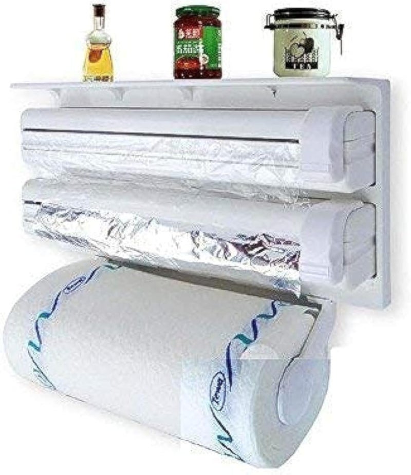 موزع ورق ثلاثي بلاستيكي | حامل لفائف ورق مناديل من رقائق الألومنيوم 4 في 1 مع رف توابل للمطبخ (أبيض)