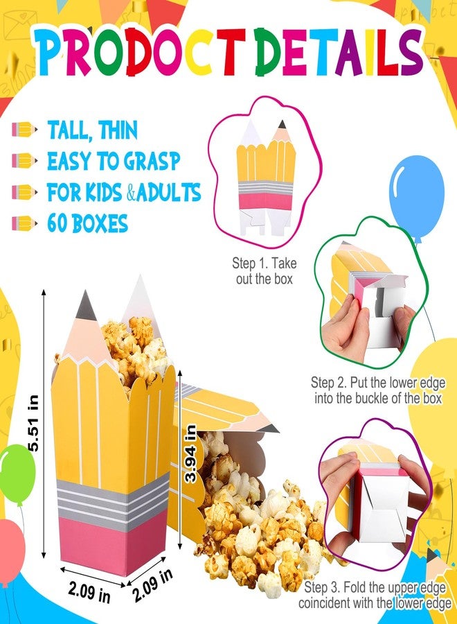 Tiangrid 60 Pcs Back to School Pencil Popcorn Boxes Teacher Gift Treat Bags Mini Popcorn Boxes Candy Holders Bulk Party Favor for Teacher Appreciation Gifts School Classroom Decoration (Yellow) - Image 2