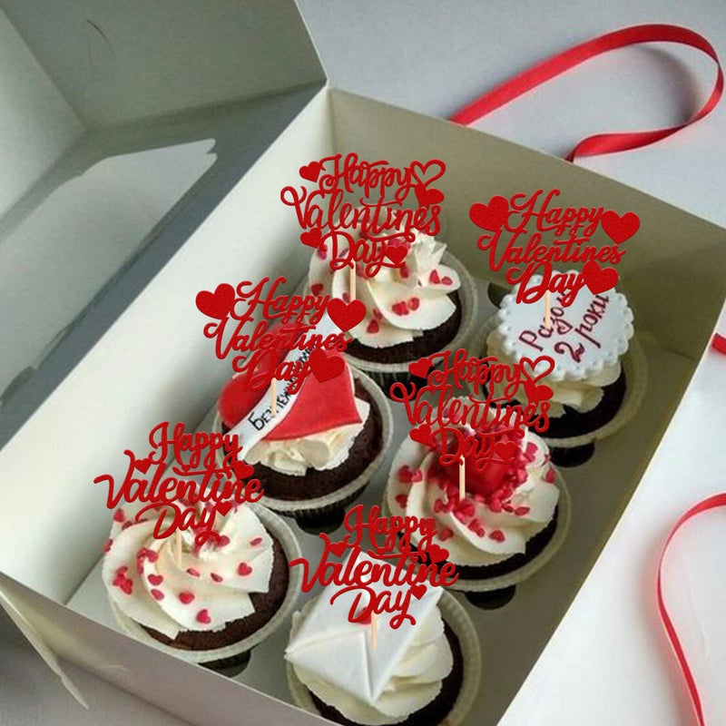 Rsstarxi 30 Pack Happy Valentine's Day Cupcake Toppers Glitter Love Heart Cupcake Picks for Valentine's Day Theme Wedding Engagement Valentine Party Cake Decorations Supplies Red - Image 3
