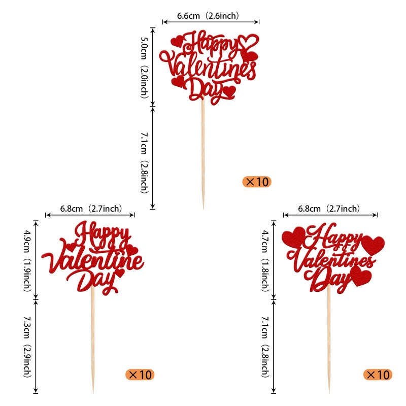 Rsstarxi 30 Pack Happy Valentine's Day Cupcake Toppers Glitter Love Heart Cupcake Picks for Valentine's Day Theme Wedding Engagement Valentine Party Cake Decorations Supplies Red - Image 2