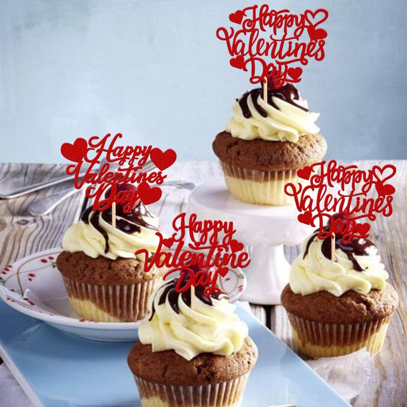 Rsstarxi 30 Pack Happy Valentine's Day Cupcake Toppers Glitter Love Heart Cupcake Picks for Valentine's Day Theme Wedding Engagement Valentine Party Cake Decorations Supplies Red - Image 5