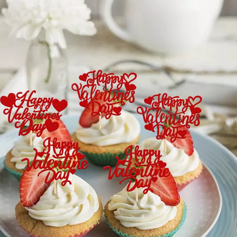 Rsstarxi 30 Pack Happy Valentine's Day Cupcake Toppers Glitter Love Heart Cupcake Picks for Valentine's Day Theme Wedding Engagement Valentine Party Cake Decorations Supplies Red - Image 4
