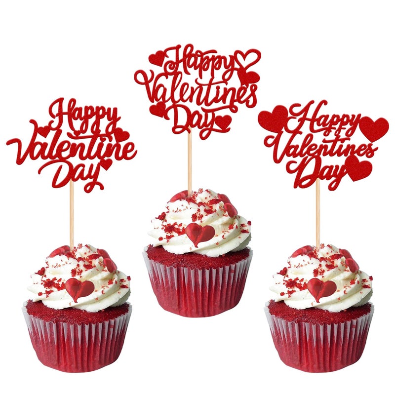 Rsstarxi 30 Pack Happy Valentine's Day Cupcake Toppers Glitter Love Heart Cupcake Picks for Valentine's Day Theme Wedding Engagement Valentine Party Cake Decorations Supplies Red - Image 1