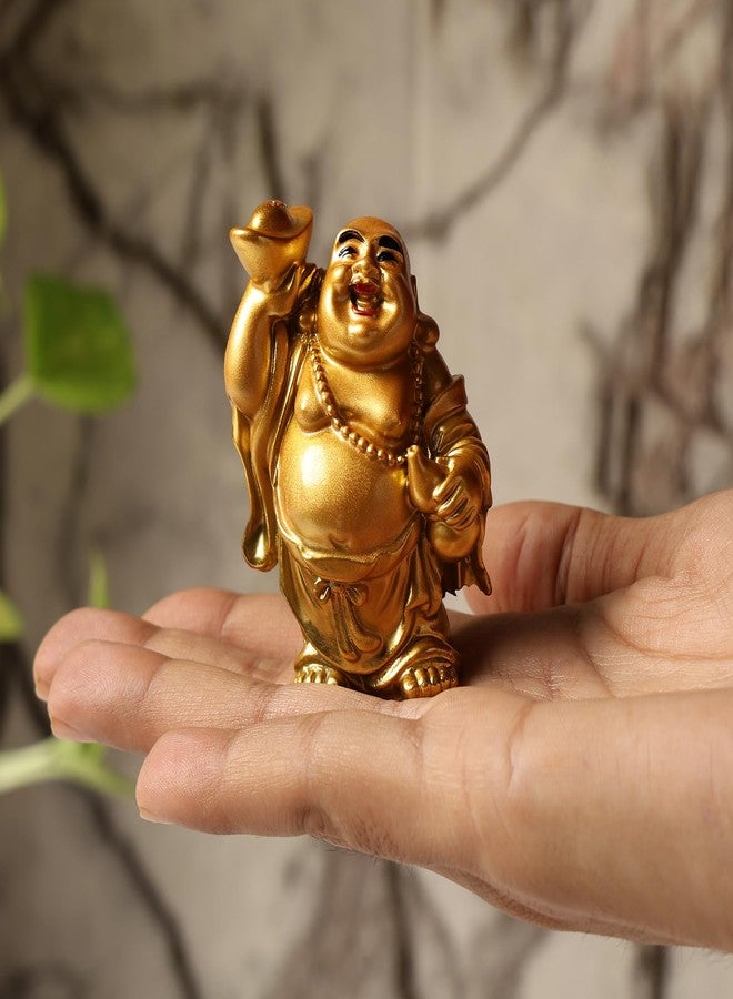 sculpmart Small Golden Laughing Buddha Idol | One Hand Raised with Money Bag & Gold Ingot | Bring Wealth & Happiness for Home & Car Decor - Image 1