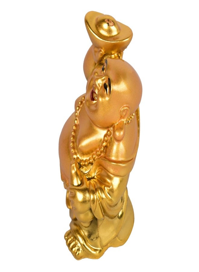 sculpmart Small Golden Laughing Buddha Idol | One Hand Raised with Money Bag & Gold Ingot | Bring Wealth & Happiness for Home & Car Decor - Image 3