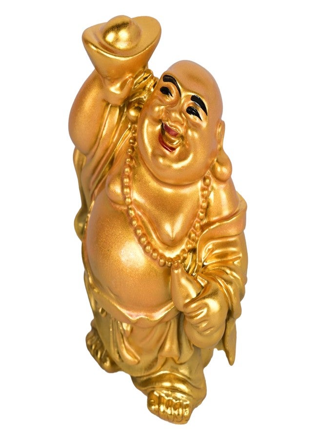 sculpmart Small Golden Laughing Buddha Idol | One Hand Raised with Money Bag & Gold Ingot | Bring Wealth & Happiness for Home & Car Decor - Image 2