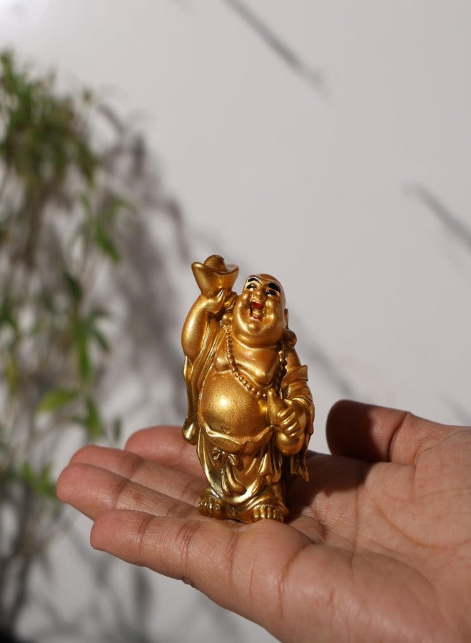 sculpmart Small Golden Laughing Buddha Idol | One Hand Raised with Money Bag & Gold Ingot | Bring Wealth & Happiness for Home & Car Decor - Image 4
