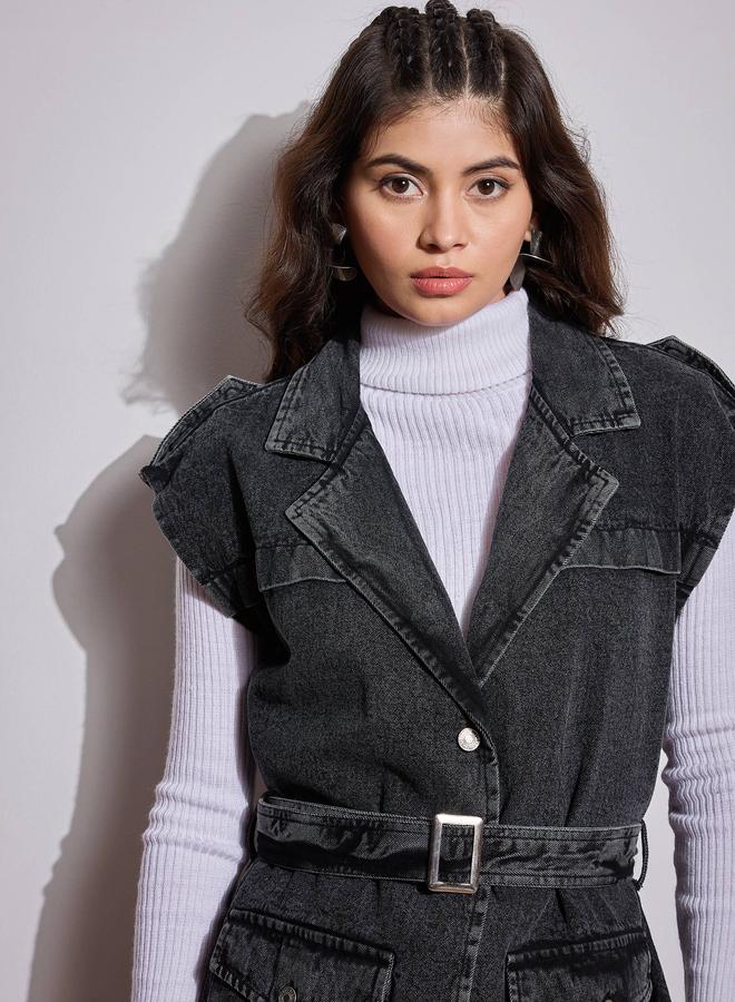 SASSAFRAS Sassafras Acid Washed Pocket Detail Sleeveless Belted Jacket  - Image 4