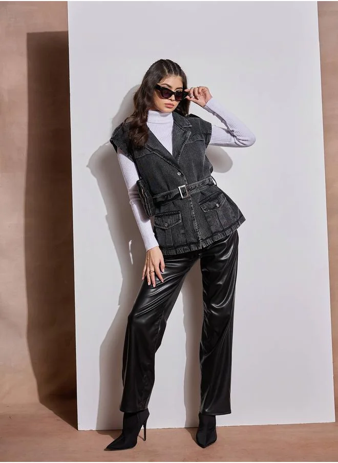 SASSAFRAS Sassafras Acid Washed Pocket Detail Sleeveless Belted Jacket