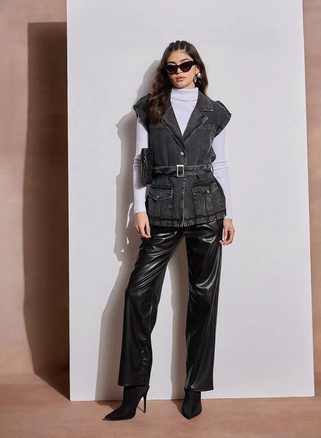 SASSAFRAS Acid Washed Pocket Detail Sleeveless Belted Jacket