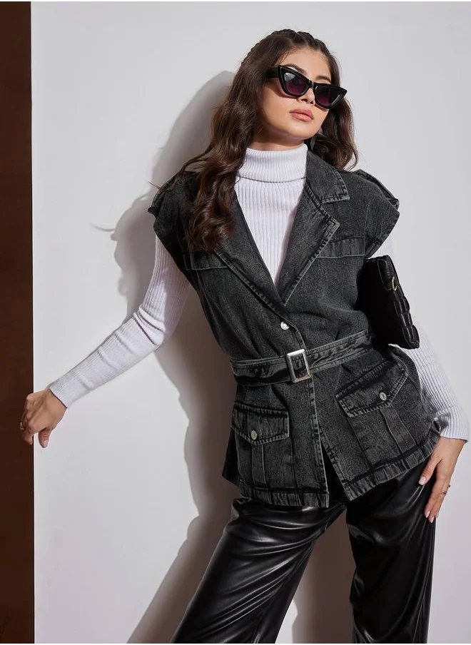 SASSAFRAS Sassafras Acid Washed Pocket Detail Sleeveless Belted Jacket