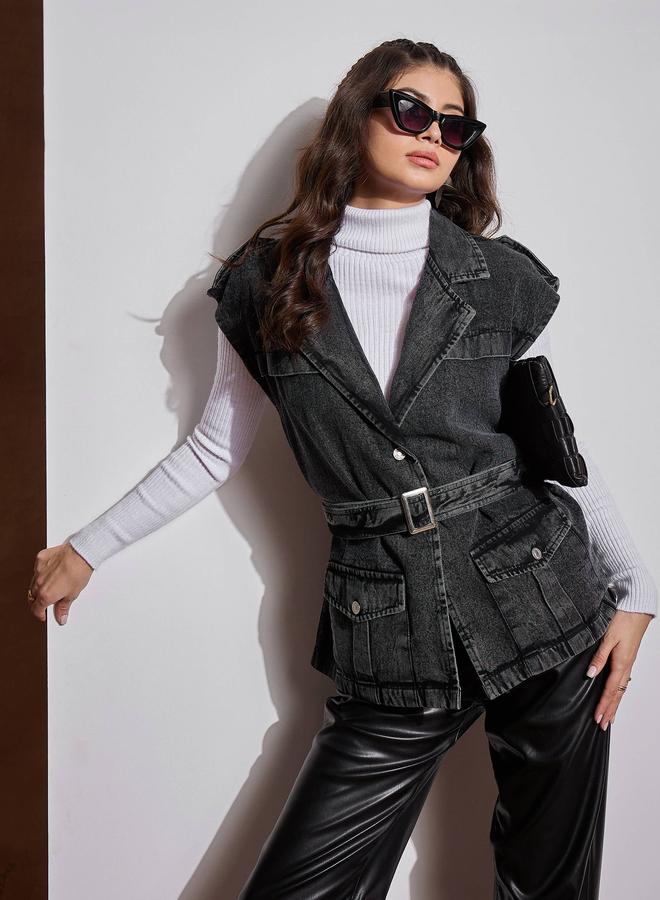 SASSAFRAS Sassafras Acid Washed Pocket Detail Sleeveless Belted Jacket  - Image 1