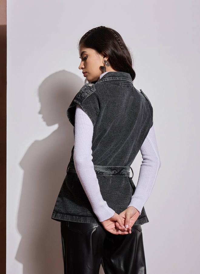 SASSAFRAS Sassafras Acid Washed Pocket Detail Sleeveless Belted Jacket  - Image 5