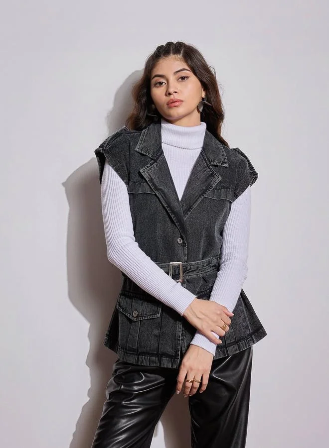 SASSAFRAS Acid Washed Pocket Detail Sleeveless Belted Jacket