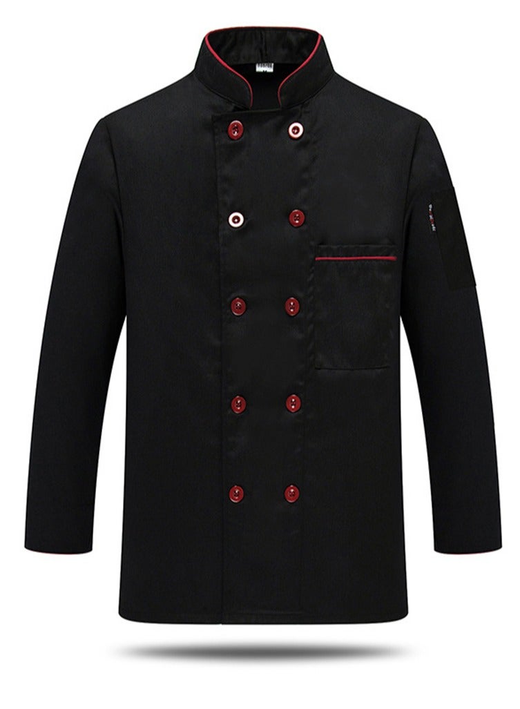 Long Sleeve Double-Breasted Stand Collar Chef Uniform Waiter T-shirt Black 