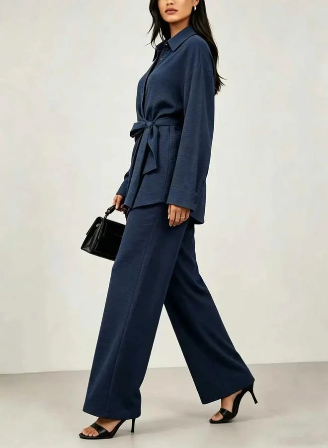 تايك تو Navy Blue Tie-Wrap Front Shirt and Pants Co-Ords