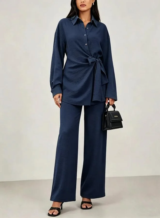 تايك تو Navy Blue Tie-Wrap Front Shirt and Pants Co-Ords