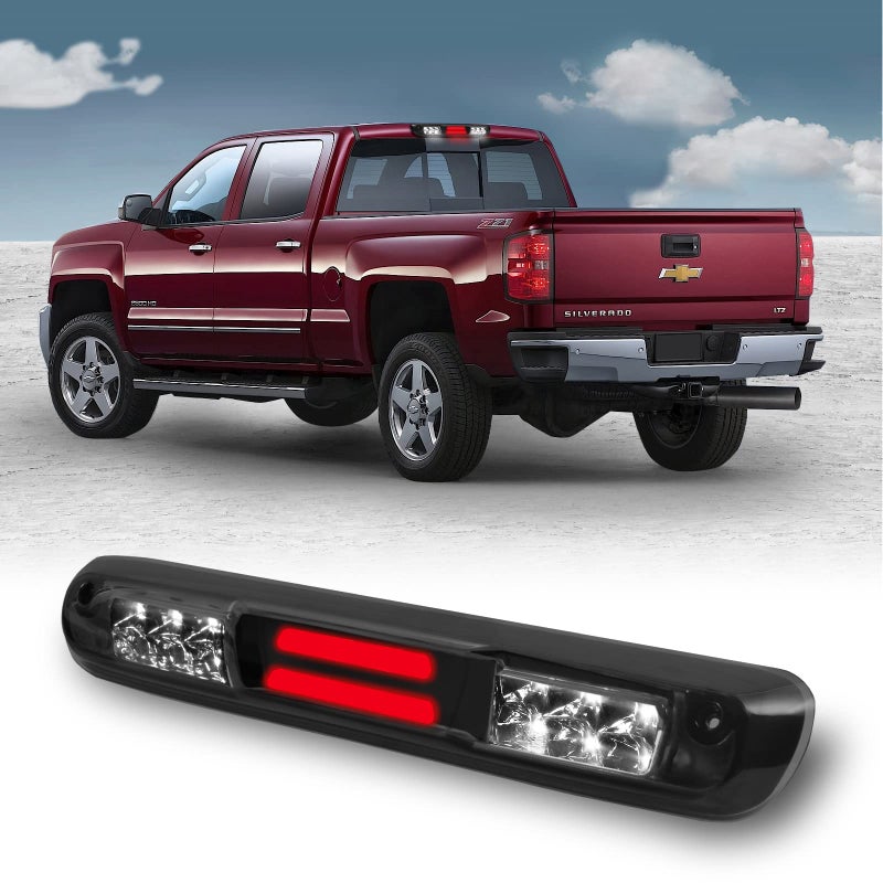 KOMAS 3rd Third Tail Rear Brake Light Replacement For 2007 2008 2009 2010 2011 2012 2013 Chevy SilveradoGMC Sierra High Mount Waterproof 3D Dual Row LED Bar Smoke Lens