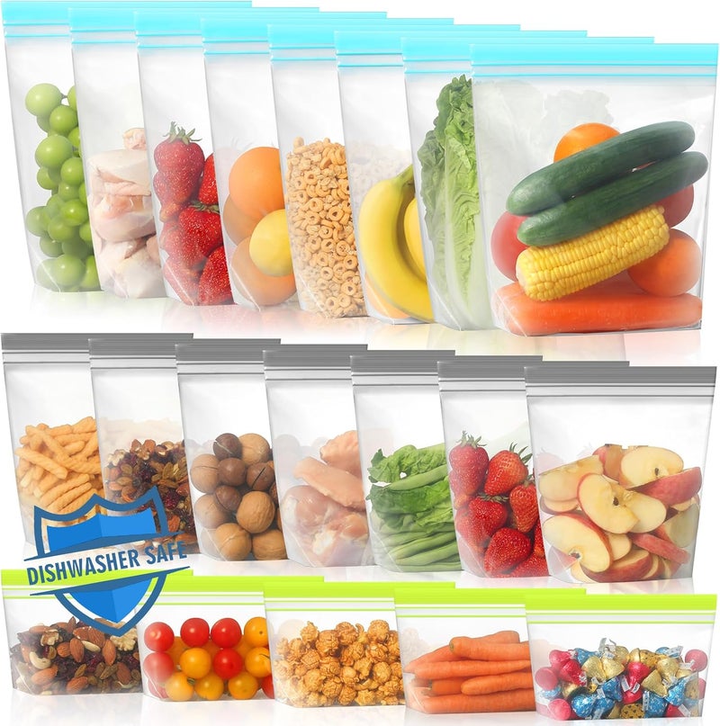 Lerine 22 Pack Dishwasher Microwave Safe Reusable Bags, Stand Up BPA Free Reusable Food Storage Bags, Extra Thick Leakproof Reusable Freezer Bags for Meal Prep - 7 Gallon 8 Sandwich 7 Snack Bags - Image 1