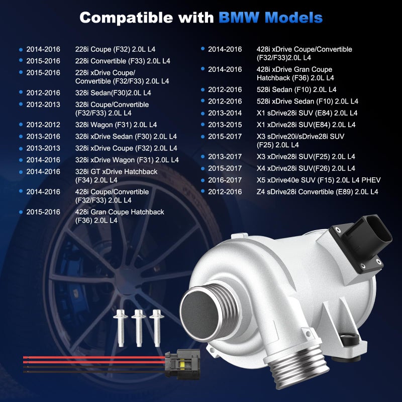 KUTTOLE Electric Engine Water Pump Compatible with BMW 328i,528i,X3,X5,428i,228i,X1,X4,Z4,2012-2017,228i/328i/428i/528i xDrive, 180KW with Wiring Harness & 3 Bolts 11517604027 11518635089 - Image 2