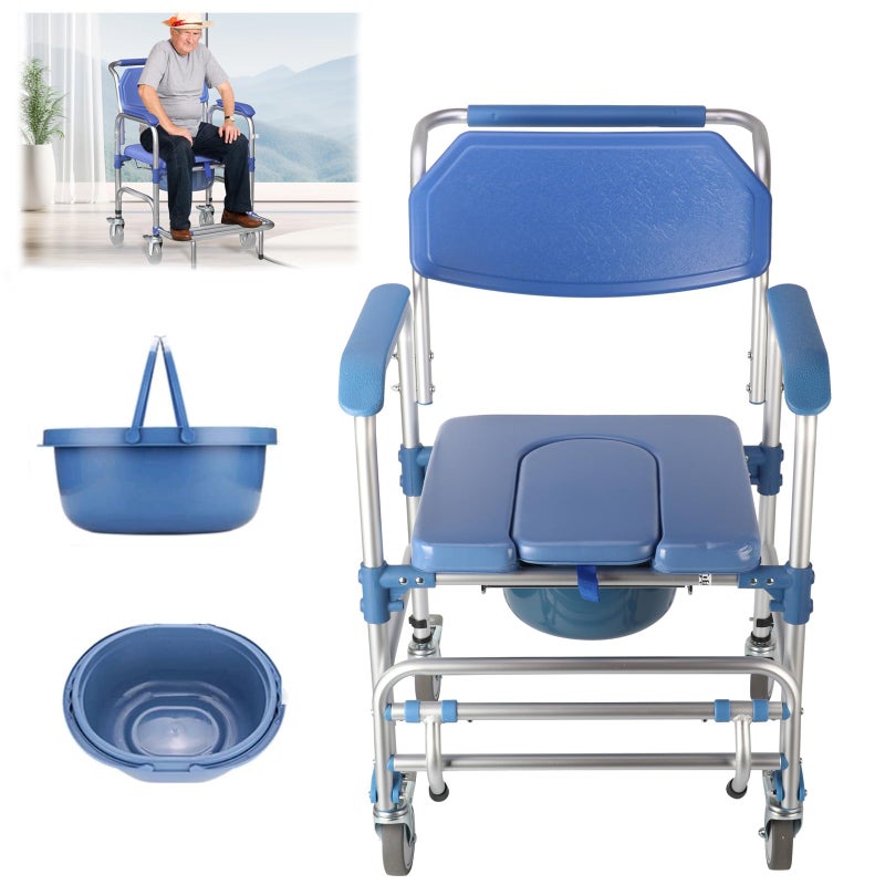uyoyous uyoyous 4 in 1 Bedside Commode Chair MultiFunctional Shower Wheelchair with 4 Wheels Mobile Over Toilet Chair with 250 LBS Capacity for Elderly Disabled 