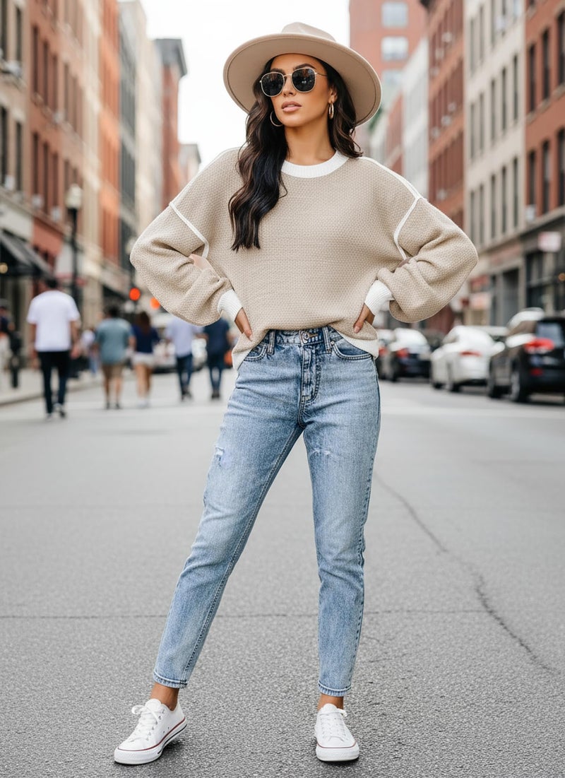 Disamer Womens Sweaters Fall 2026 Fashion Long Sleeve Color Block Oversized Sweater Trendy Casual Crew Neck Knitted Tops Pullover,Apricot,Small - Image 4