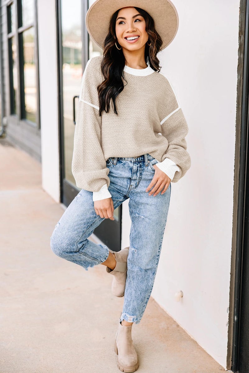 Disamer Womens Sweaters Fall 2026 Fashion Long Sleeve Color Block Oversized Sweater Trendy Casual Crew Neck Knitted Tops Pullover,Apricot,Small - Image 2