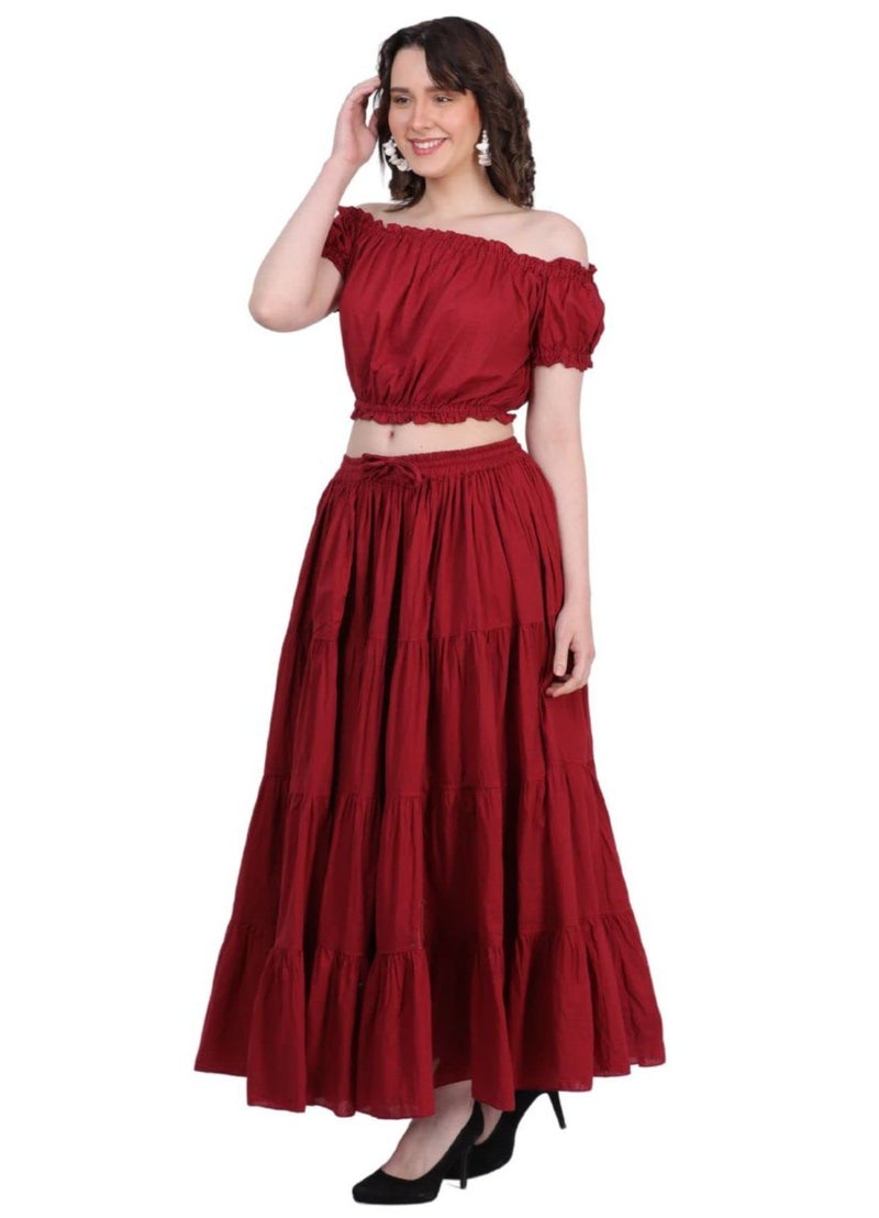 Wevez Women’s 12 Yards American Belly Dance 4 Tiered Long Cotton Skirt (Maroon) - Image 3