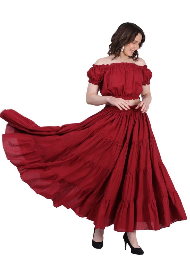 Wevez Women’s 12 Yards American Belly Dance 4 Tiered Long Cotton Skirt (Maroon) - Image 4