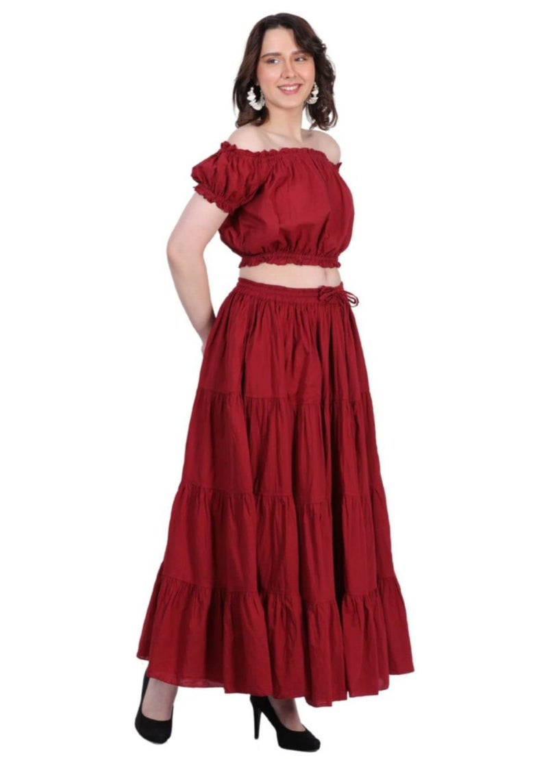 Wevez Women’s 12 Yards American Belly Dance 4 Tiered Long Cotton Skirt (Maroon) - Image 2