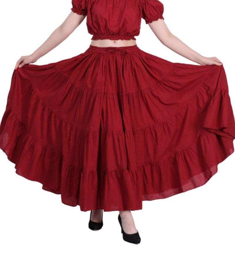 Wevez Women’s 12 Yards American Belly Dance 4 Tiered Long Cotton Skirt (Maroon) - Image 1