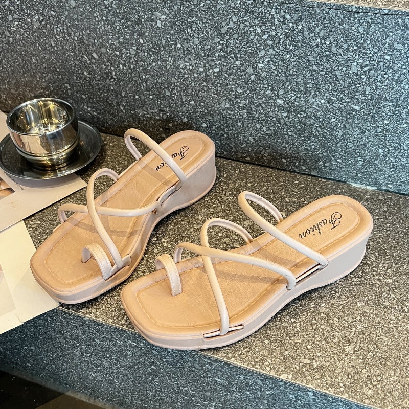 Summer Thick-Soled Slope Heel Women Sandals 2212-1 apricot 