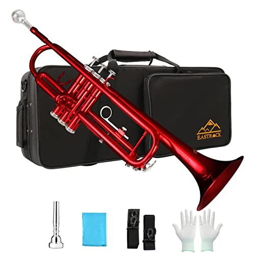 EASTROCK Bb Trumpet Standard Trumpet Set with Carrying Case,Gloves, 7C Mouthpiece and Cleaning Kit (Red) - Image 1