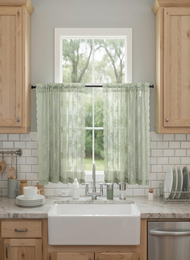 Kotile ستائر كوتيل شفافة بلون أخضر حكيم، طولها 36 بوصة، قطعتان، بتصميم ريفي زهري، ستائر ربيعية قصيرة شفافة للنوافذ، ستائر دانتيل للخصوصية مع جيب للعمود، مقاس كل قطعة 42 × 36 بوصة، لون أخضر حكيم - Image 1