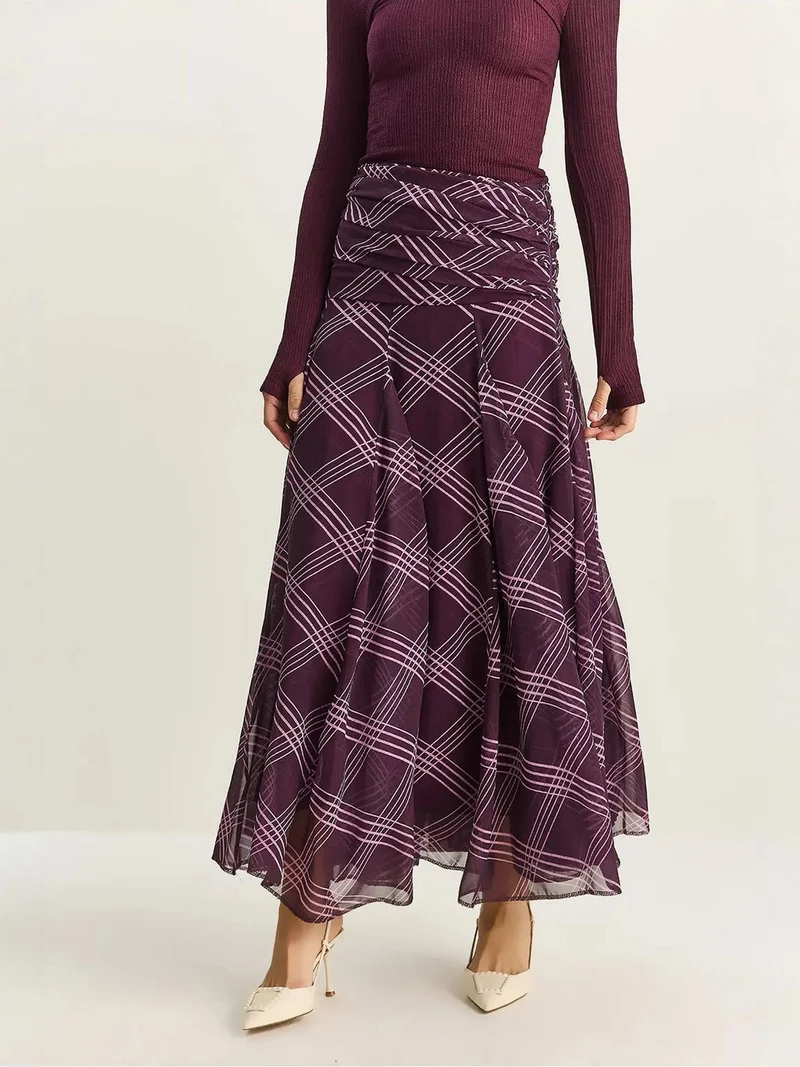 Bianco Lucci Amethyst Purple LUCCI High Waist Ethnic Print Midi Skirt for Women | Best Price UAE
