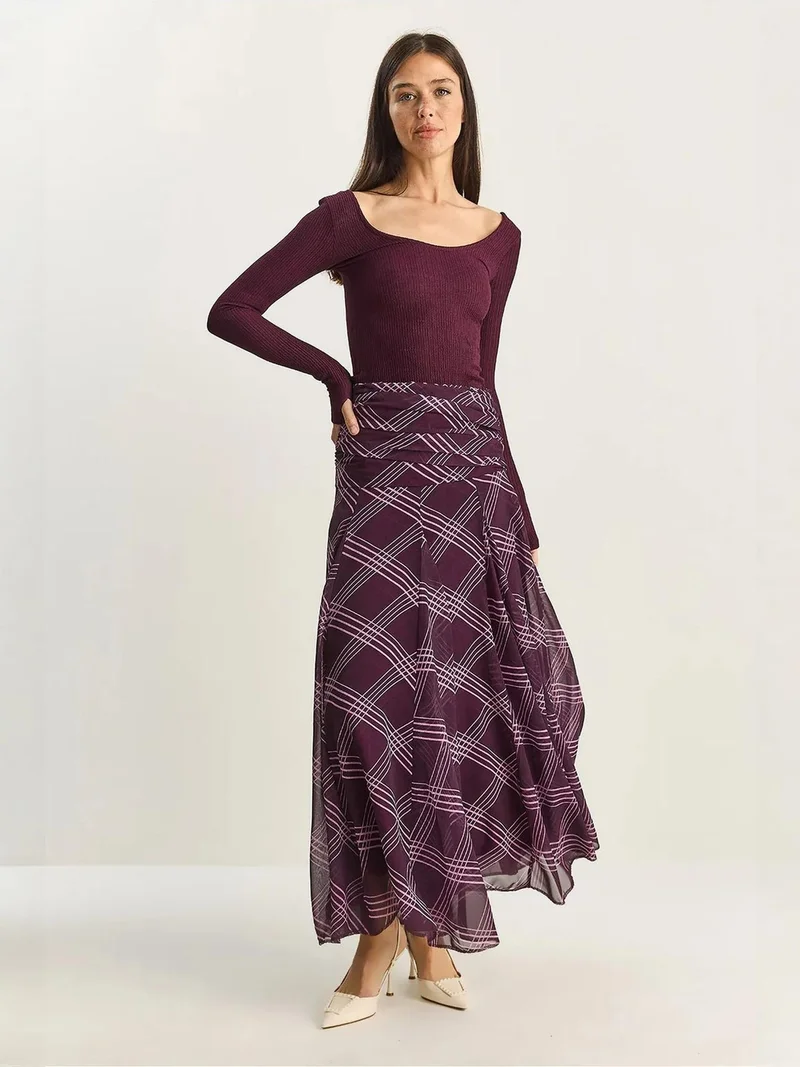 Bianco Lucci Amethyst Purple LUCCI High Waist Ethnic Print Midi Skirt for Women | Best Price UAE