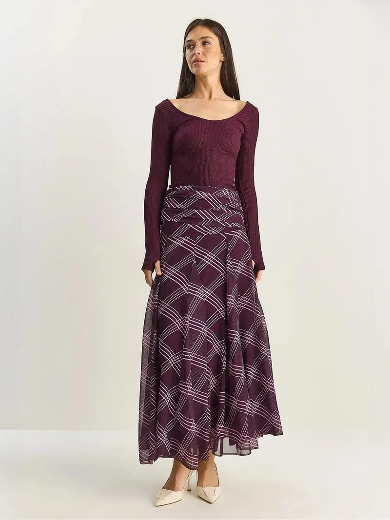 Bianco Lucci Amethyst Purple LUCCI High Waist Ethnic Print Midi Skirt for Women | Best Price UAE