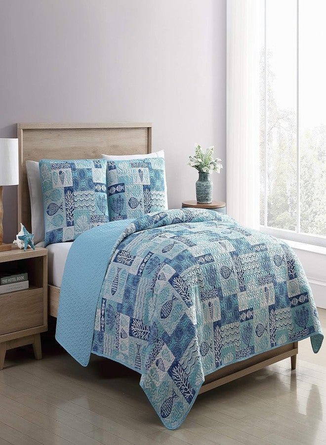 فكني هوم VCNY Home - طقم لحاف، طقم سرير ساحلي قابل للعكس مكون من 3 قطع مع أغطية وسائد متناسقة، ديكور غرفة مستوحى من اللحاف (أزرق مرقع، كامل/كوين) - Image 4