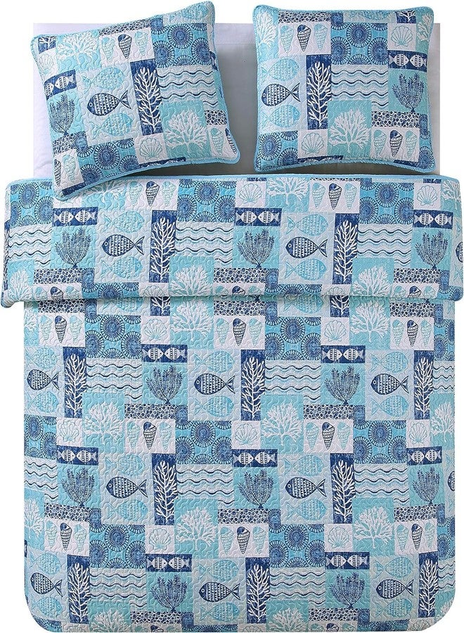 فكني هوم VCNY Home - طقم لحاف، طقم سرير ساحلي قابل للعكس مكون من 3 قطع مع أغطية وسائد متناسقة، ديكور غرفة مستوحى من اللحاف (أزرق مرقع، كامل/كوين) - Image 5