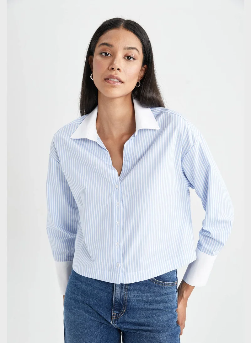 DeFacto Cropped Fit Long Sleeve Button Down Shirt