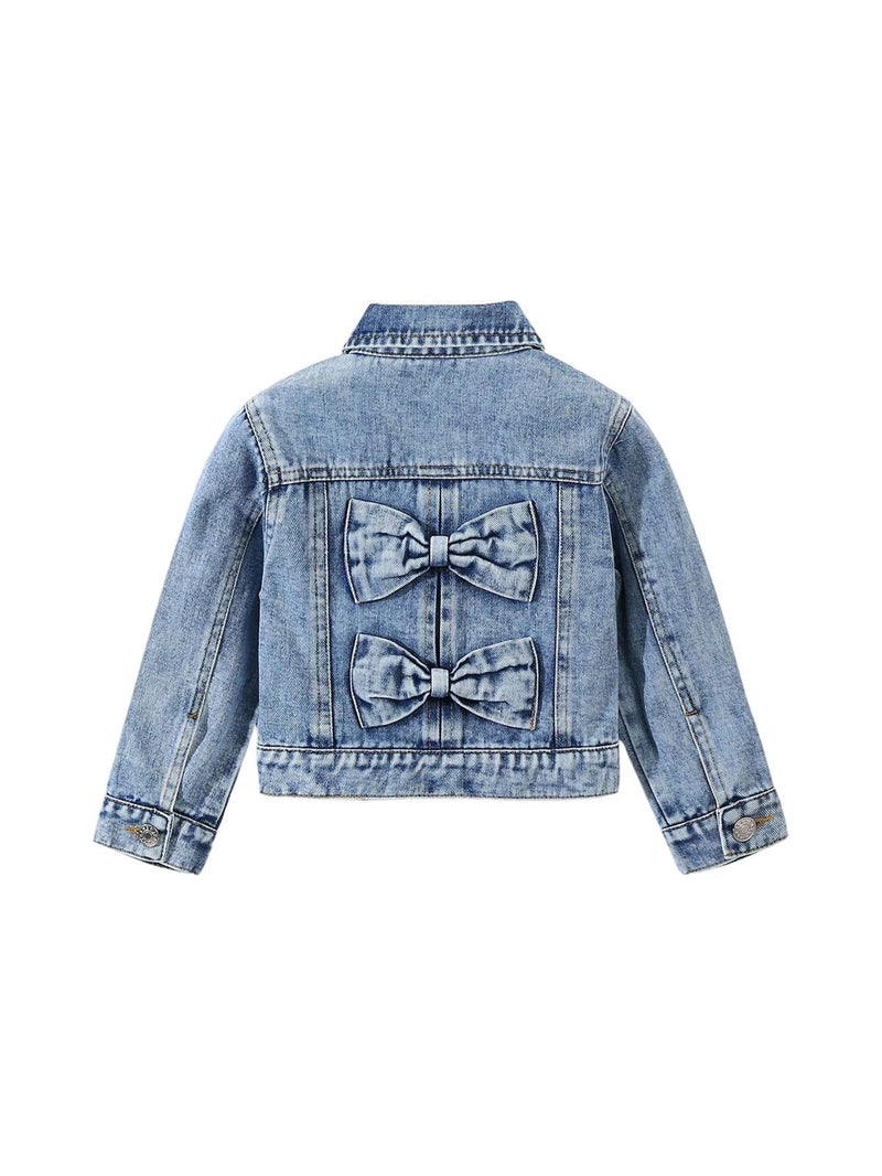 WDIRARA Girl's Bow Denim Jacket Long Sleeve Button Down Jean Jacket Cute Outerwear Light Wash 5Y - Image 1