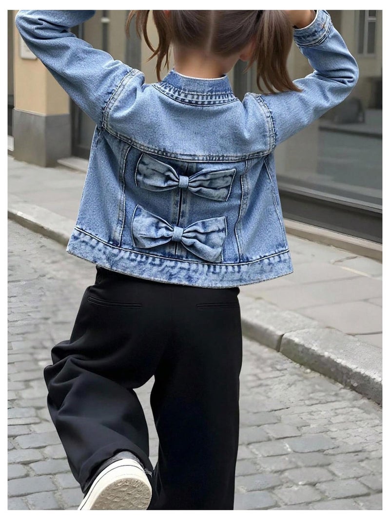 WDIRARA Girl's Bow Denim Jacket Long Sleeve Button Down Jean Jacket Cute Outerwear Light Wash 5Y - Image 2
