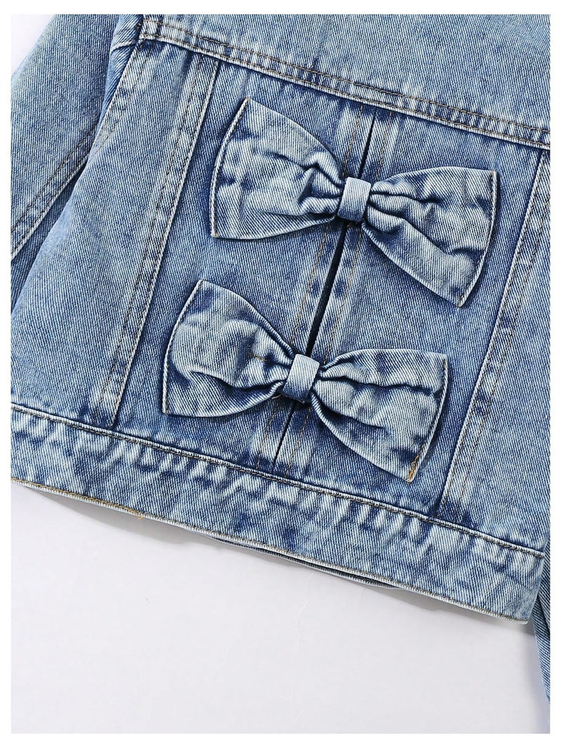 WDIRARA Girl's Bow Denim Jacket Long Sleeve Button Down Jean Jacket Cute Outerwear Light Wash 5Y - Image 4
