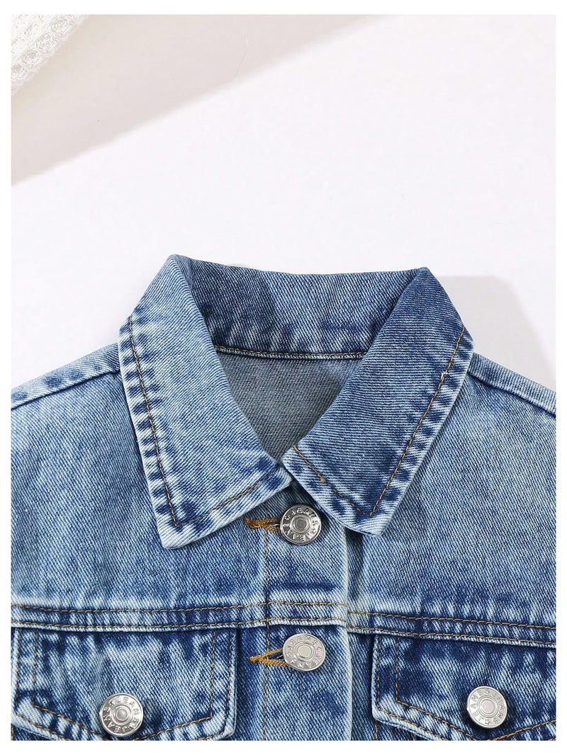 WDIRARA Girl's Bow Denim Jacket Long Sleeve Button Down Jean Jacket Cute Outerwear Light Wash 5Y - Image 5