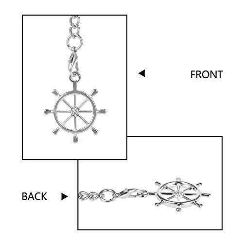 TREEWETO Men's Double Albert Chain Pocket Watch Curb Link Key Chain 3 Hooks with Antique Silver Rudder Pendant Design Charm Fob T Bar - Image 5