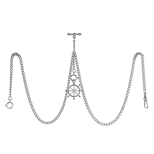 TREEWETO Men's Double Albert Chain Pocket Watch Curb Link Key Chain 3 Hooks with Antique Silver Rudder Pendant Design Charm Fob T Bar - Image 1